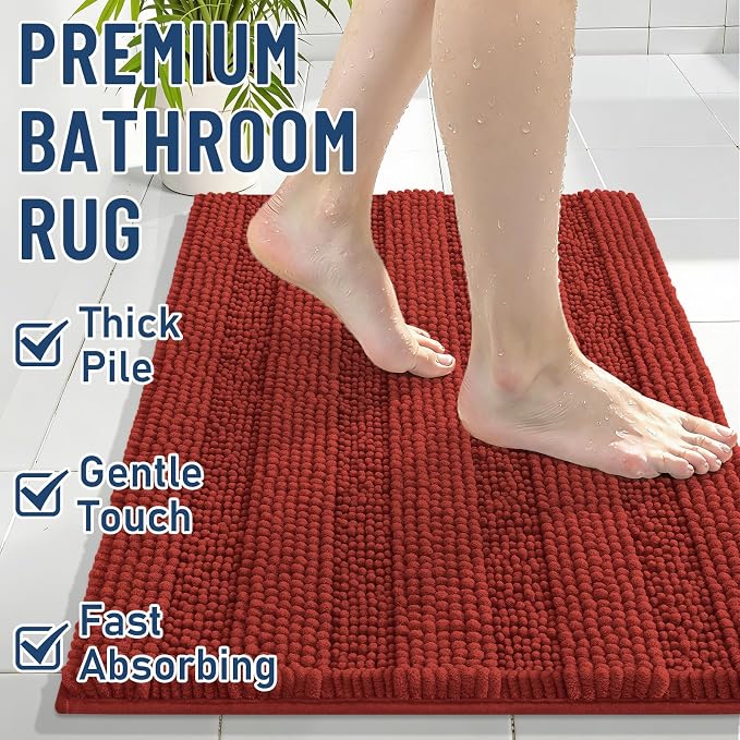 Grandaily Chenille Striped Bathroom Rugs 36x24, Extra Thick and Soft Absorbent Bath Mats, Rubber Backing, Plush Shaggy Shower Carpet, Machine Wash Dry, Bath Rug for Bathroom, Rustic Terracotta