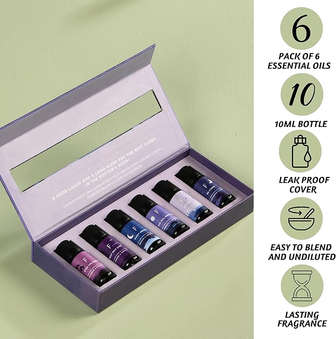 Folkulture Sleep Essential Oils for Diffusers for Home - Set of 6 | Premium Relaxing Essential Oil Set for Sleep Essentials, Aromatherapy & Meditation | Lavender, Peppermint, Jasmine Eucalyptus Orange