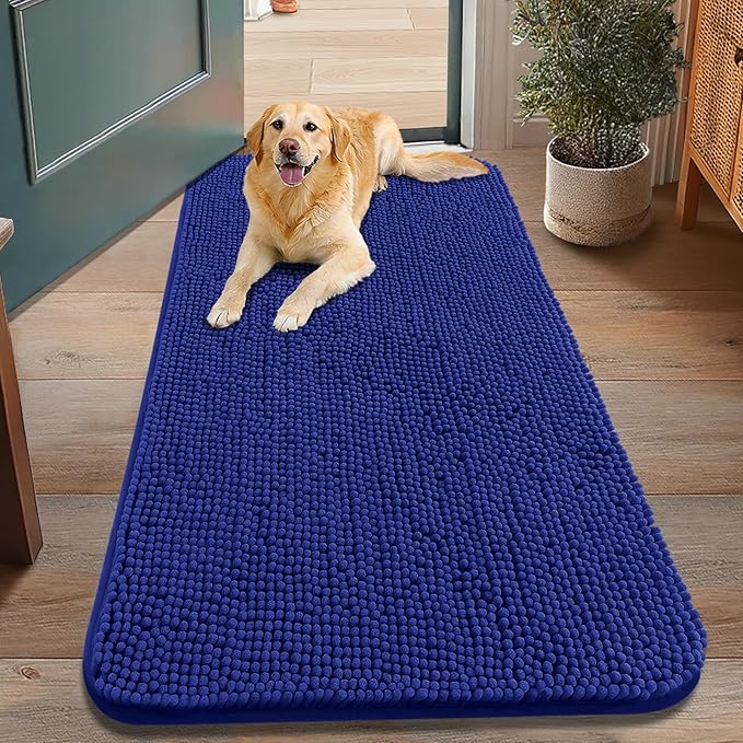 Smiry Dog Door Mat for Muddy Paws 48x30, Absorbent Dirt Trapper, Non-Slip Washable Chenille Entryway Rug for Inside Floor, Navy Blue, Classic Solid