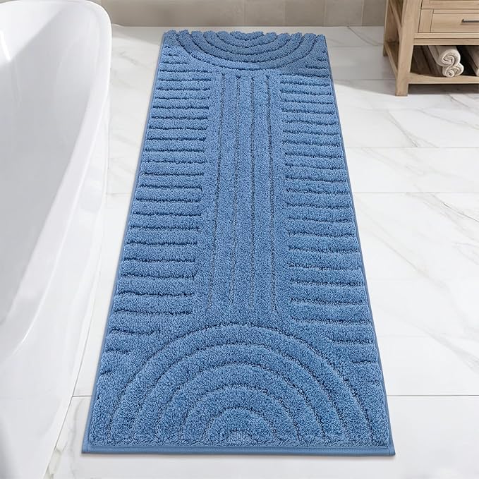 SHACOS Super Soft Bathroom Runner Rugs 24"x60" Non Slip Boho Bathroom Mats Microfiber Absorbent Carpet for Bath Room Machine Washable Shaggy Bath Rugs for Shower Bathtub Home Decor, Blue 2'x5'