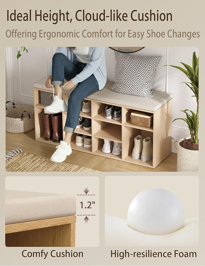 DINZI LVJ Shoe Storage Bench with Cushion, 12-Cubby Shoe Rack, Adjustable Shelves, 40.9" Long Shoe Organizer Bench for Entryway, Mudroom, Hallway, Garage, Natural and Cappuccino Beige