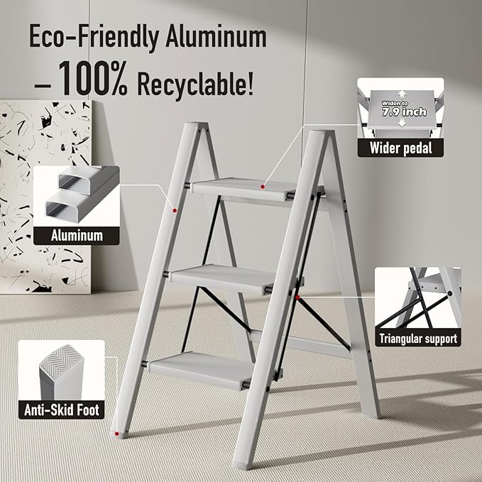 Mayi Plus 3 Step Ladder,Aluminum Folding Step Stool for Adults,Step Ladder with Wide Anti-Slip Pedal,330 lbs Capacity for Home,Office,Kitchen,Library(Grey)