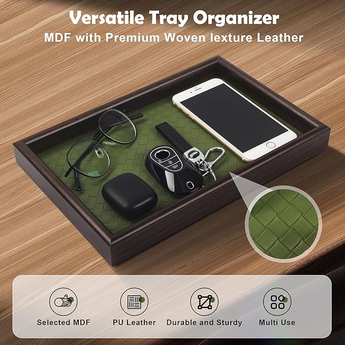 Wooden Valet Tray with Leather Base - Nightstand Catchall Organizer for Cologne, Perfume, Keys, Wallet, Phone, Watch, Jewelry & Sunglasses (2Pcs Green)