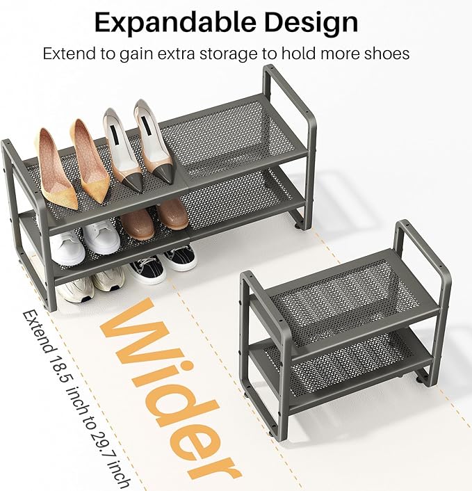 SNTD Shoe Rack - Expandable Shoe Organizer for Closet, Adjustable Metal Shoe Shelf Storage, Stackable Long Shoe Stand Holder for Garage, Entryway, Door Entrance (Grey, 2-Tier)