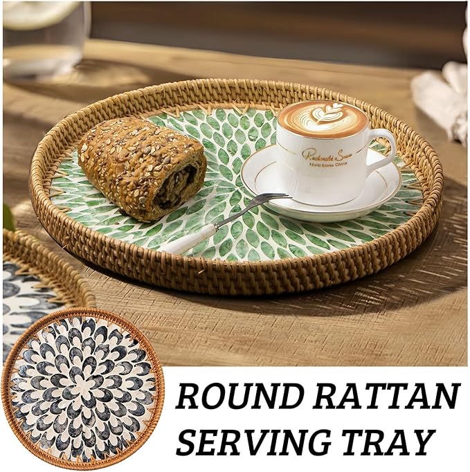 Round Rattan Tray with Mother of Pearl Inlay, Decorative Wicker Serving Tray with Wooden Base, Woven Basket Trays for Bread Fruits Coffee, Plume