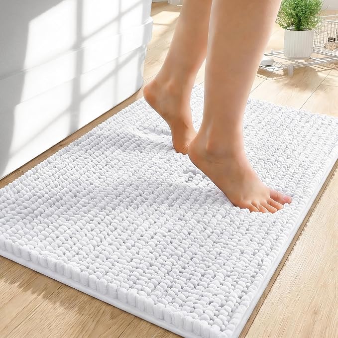 OLANLY Thick Small Bathroom Rugs 24x16, Extra Soft Absorbent Chenille Bath Rugs, Rubber Backing, Machine Wash Dry, Bath Mats for Bathroom Floor, Tub and Shower, Home Decor Accessories, White