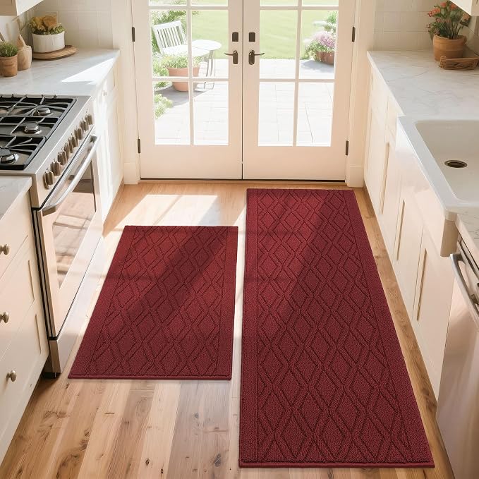 COSY HOMEER 60x24Inch/35X24Inch Kitchen Rugs Sets Non-Slip Washable Kitchen Mats for Floor Polypropylene Absorbent Kitchen Runner for Kitchen Sink Hallway Entryway(Red)