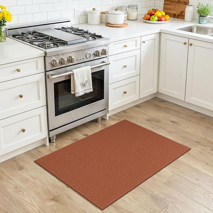 KOZYFLY Indoor Door Mat 2x3 ft Small Area Rugs Washable Front Door Mat Non Slip Rubber Backed Entryway Rug Cotton Entrance Doormat for Front Porch Kitchen Bedroom, Burnt Orange/Tan