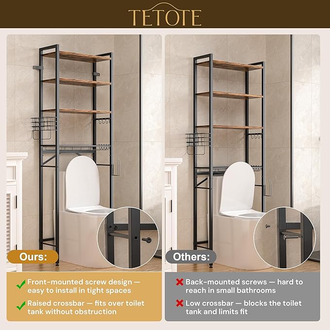 TETOTE Over-The-Toilet Storage Rack, 4-Tier Bathroom Organizer Shelf Over Toilet with Adjustable Shelf and Basket, Freestanding Space Saver Bathroom Shelves Above Toilet for Room(Brown)