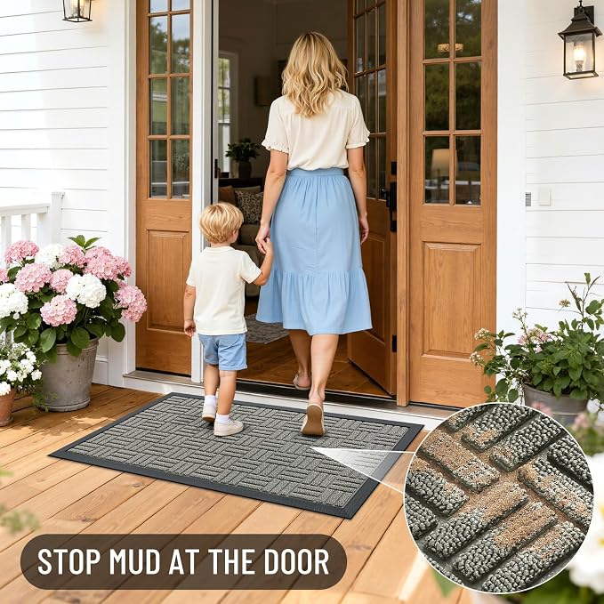 OLANLY Front Door Mat Outside Entrance 71x23, Absorbent, Heavy Duty Sturdy Natural Rubber Doormat Indoor Outdoor, Non-Slip, Stain and Fade Resistant, Low Profile Floor Mat for Entryway, Modern Gray