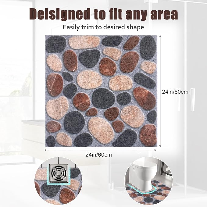 Loofah Shower Bath Mat Non Slip: 24x24 Inch Square Bath Mat for Inside Shower - Soft Non-Slip with Drain - Gray Shower Safety Mat for Bathroom Wet Areas Stall Tub