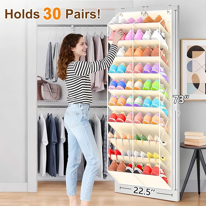 UVIAHOMI 20-30 Pairs Over the Door Shoe Organizer, Clear Pockets Hanging Shoe Storage for Closet, 10-Tier Door Shoes Rack, Handing Shoes Holder Fit All the Family's Sneakers, Boots, Heels, Beige