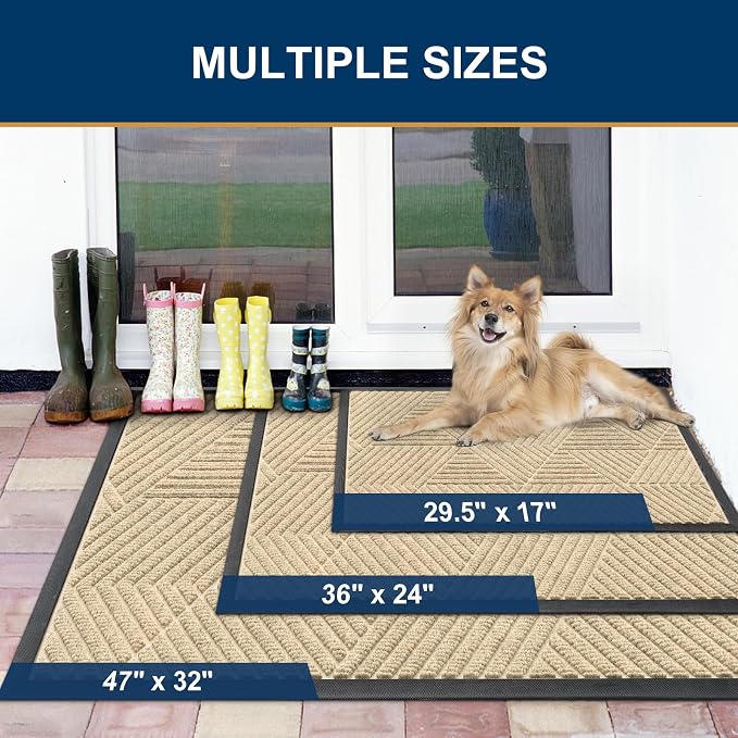 Smiry Front Door Mat Outside Entrance, Heavy Duty Sturdy Natural Rubber Doormat, Trap Dirt and Moisture, Easy Clean Low Profile Mats for Indoor Outdoor Entry, Irregular Triangle (47x32, Cream White)
