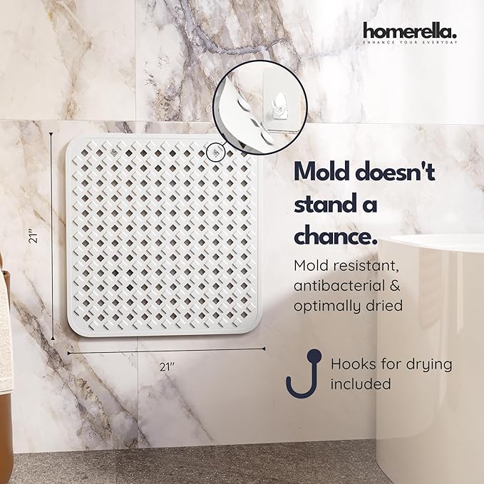 homerella® Shower Mat Non Slip Anti Mold, Non Slip Shower Mats for Inside Shower Stall Anti Slip Mat, Square Shower Floor Mat 21 x 21 in with Suction Cups & Hooks for Quick Drying, Machine Washable