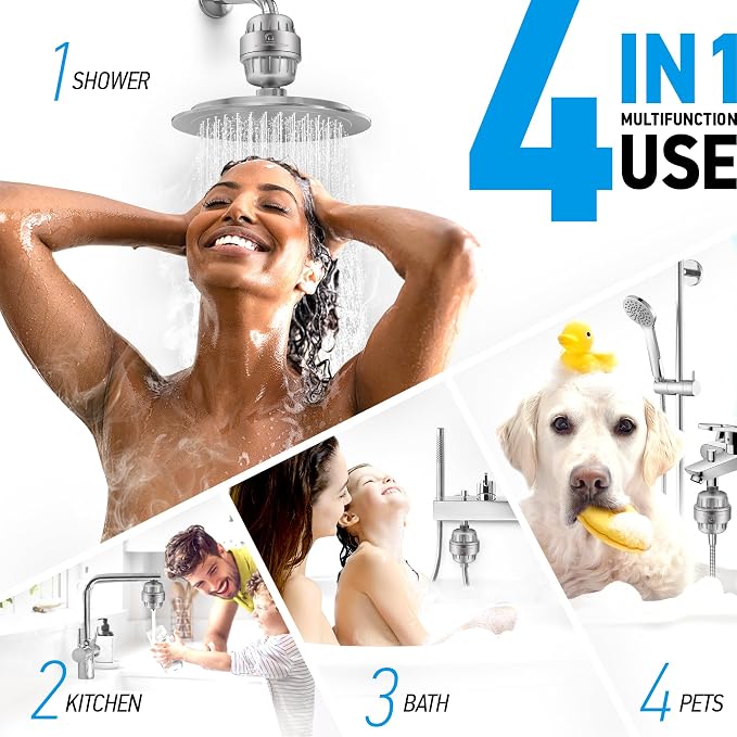 AquaHomeGroup 20 Stage Shower Filter with Vitamin C and E - Reduces Chlorine, Heavy Metals and Sediment - 2 Cartridges Included - High Pressure - Matte Chrome
