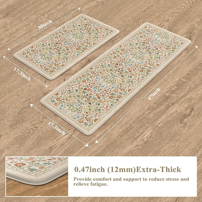 Collive Kitchen Mats Cushioned Anti Fatigue, Non Slip Waterproof Kitchen Floor Mat Beige Rug 2 Piece, Modern Comfort Desk Standing Rugs for Sink, Home Office, Laundry, Bedroom