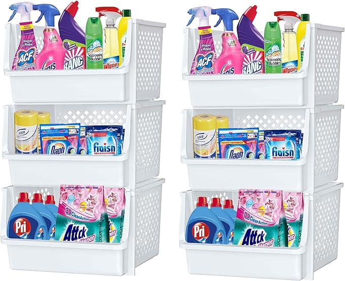TidyFriend 6 Pack XLarge Stackable Storage Bins Open Front for Pantry Organizers and Storage, Pantry Storage for Food, Kitchen and Home Organization, Plastic Storage Bins, Dorm Room Essentials (White)