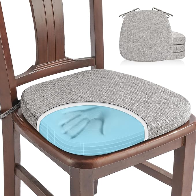 SINOSSO 4 Pack Memory Foam Chair Cushions for Dining Chairs, Friendly Woven Fabric 16" U-Shape Comfortable Kitchen Chair Pads, Removable Slip Resistant Seat Cushions (Set of 4, Light Gray)