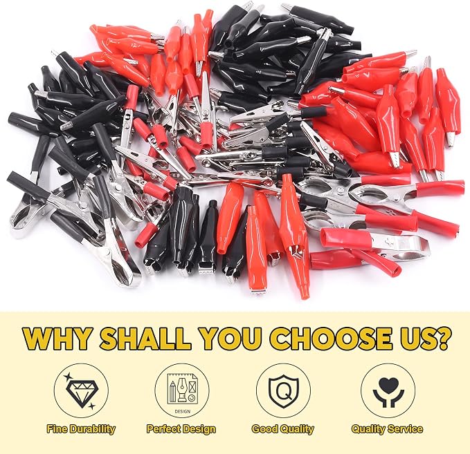 108 Pcs 10 Type Metal Alligator Clip Clamp Assortment Kit Red Black Crocodile Electrical Test Clamps Connector Jumper Helper with Protective Insulation Cover