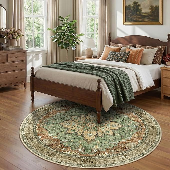 RELEANY Area Rugs Round 7ft Washable Non-Slip, Floral Vintage Distress Medallion Carpet for Living Room Bedroom Dining Room, Terracotta Burnt Orange Green