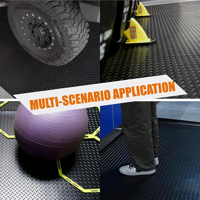 Anti-Slip Rubber Diamond Floor Mat - Durable, Non-Skid, Waterproof Floor Protection for Home, Gym, Garage, and Vehicles - 2.5 mm x 4 ft x 6 ft Rolls - Black (4x15 FT)