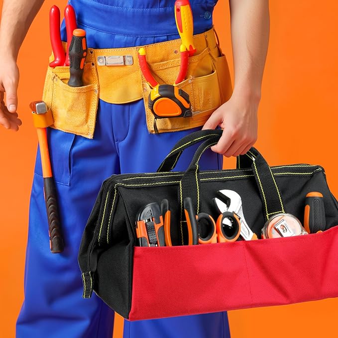 Sanwuta 3 Pack Tool Bag for Men with Waterproof Hard Bottom, Heavy Duty Tool Bag Wide Mouth Tote for Various Instrument, Electrician Carpenter Mechanic(Black Red, Blue, Yellow,16 Inch,Classic)