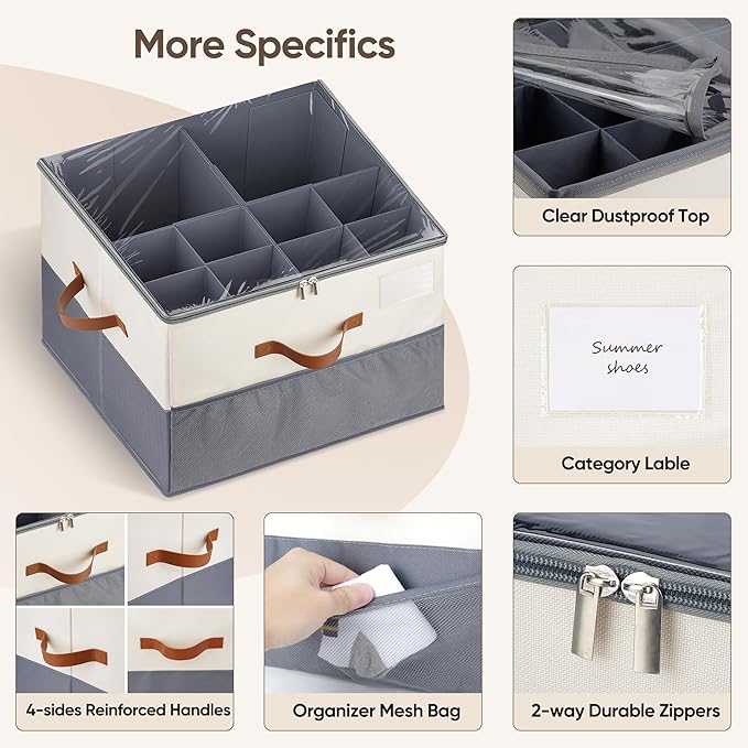 Shoe Organizer for Closet, 1 Pack Shoe Storage Container with Adjustable Dividers, Space Saving Shoe Box Storage Organizer Bin with Clear Lid and 4 Handles, Fits 8-16 Pairs, Beige & Grey