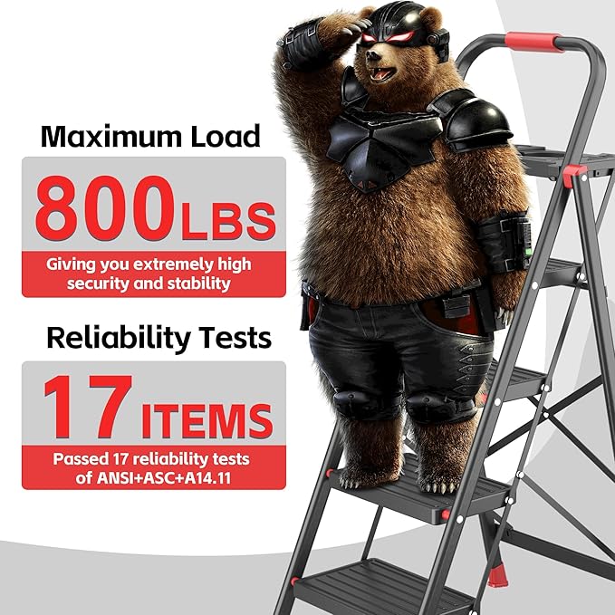 4 Step Foldable Step Ladder with Mutifunctional Tool Tray, Platform Ladders Stepstools, Step Stool 4 Step Folding with Non-Slip Pedals, 800lbs Bearing Capacity for Adults, Home, Kitchen, Black Red