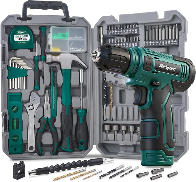 Hi-Spec 8V USB Power Drill Driver and Complete Home Tool Kit Set. Cordless & Rechargeable Electric Drill Driver and Compact Hand Toolbox Set, Green