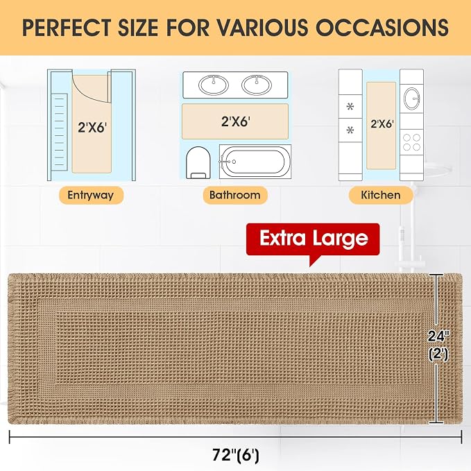 IM HOME Extra Large Waffle Bath Mat, Boho Bathroom Rugs Absorbent Non Slip, Ultra Soft Bathroom Mat, Machine Washable Knit Bath Rugs with Border for Bathroom, Bedroom, Kitchen, Shower, 6'x2', Beige