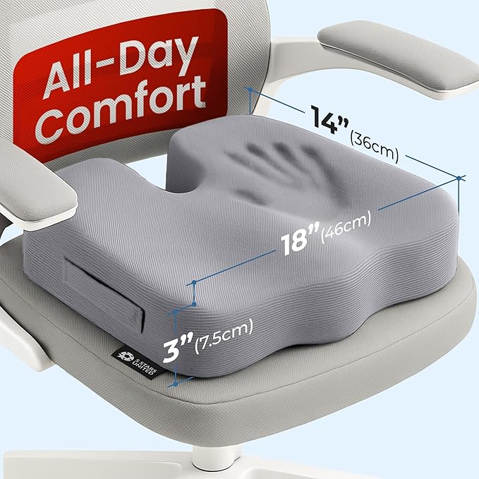 5 STARS UNITED Seat Cushion - Memory Foam Chair Cushion for Tailbone Pain Relief - Ergonomic Support for Coccyx, Sciatica & Butt - Office, Desk & Gaming Chair, Car Seat, Wheelchair, Airplane, L Gray