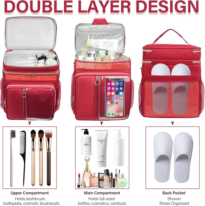 Portable Shower Caddy College Dorm Essentials, Large Toiletry Bag for Women Men, 2 Layers Quickly Dry Mesh Bathroom Tote Bag, Hanging Makeup Organizer Bag for Travel, Gym, Camping (Wine Red)