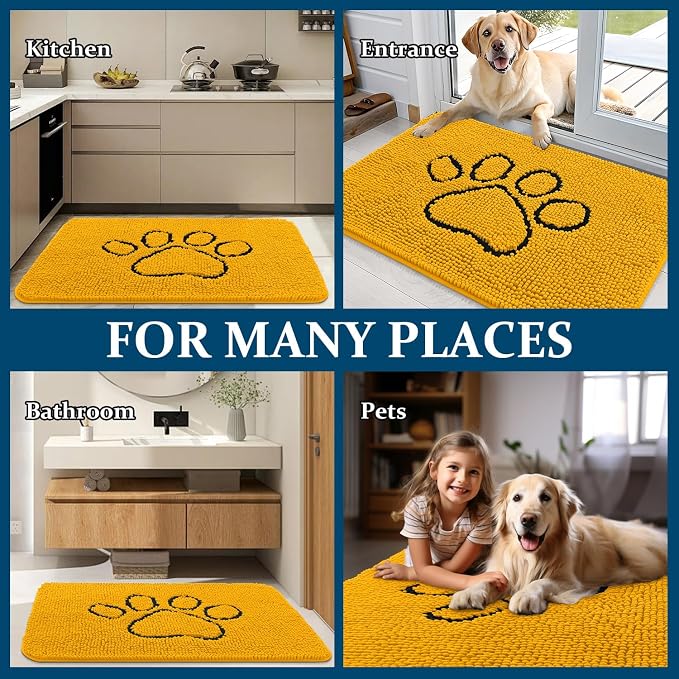OLANLY Dog Door Mat for Muddy Paws 30x20, Paw Print Design, Absorbs Moisture and Dirt, Absorbent Non-Slip Washable Doormat, Quick Dry Chenille Mud Mat, Entry Indoor Entryway Carpet, Golden Yellow