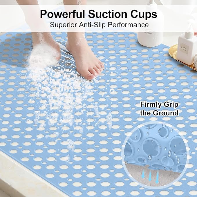 Anti Slip Shower Mat with Suction Cups,31.5x47.2 Inch Quick Drain TPE Non Slip Shower Mats for Inside Shower,Large Bath Mat for Shower Soft on Feet, Easy to Dry&Cut Machine Washable