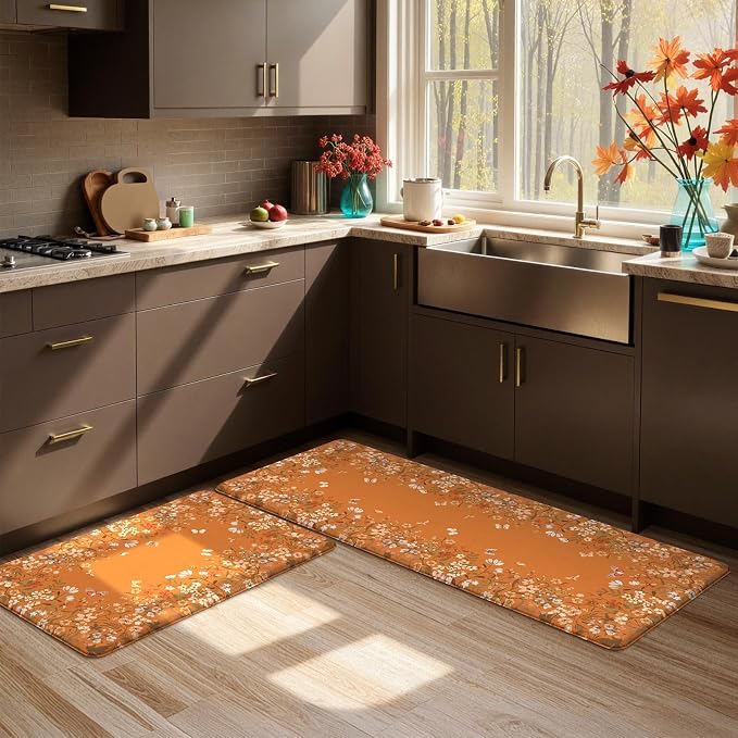 KIMODE Fall Kitchen Mats Cushioned Anti Fatigue, Orange Farmhouse Kitchen Rugs Sets of 2, Halloween Kitchen Mats for Floor, Padded Kitchen Floor Mats for Sink Laundry Office Desk 20"x47"+20"x32"