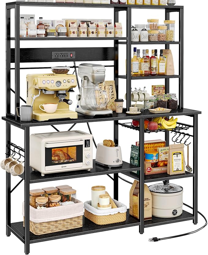 SUPERJARE Larger Bakers Rack with Power Outlets, 6-Tier Microwave Stand, Coffee Bar with 12 S-Shaped Hooks, Kitchen Shelf with Wire Basket, 47.2 x 15.5X 66.9 Inches, Black