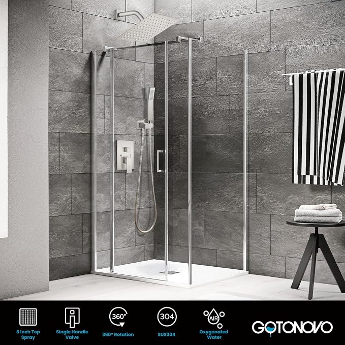 gotonovo Rainfall Bathroom Shower System Rain Shower Head and Handle Set Wall Mounted Shower Complete Combo Solid Brass Pressure Balancing Shower Mixer Valve 8 Inch Brushed Nickel