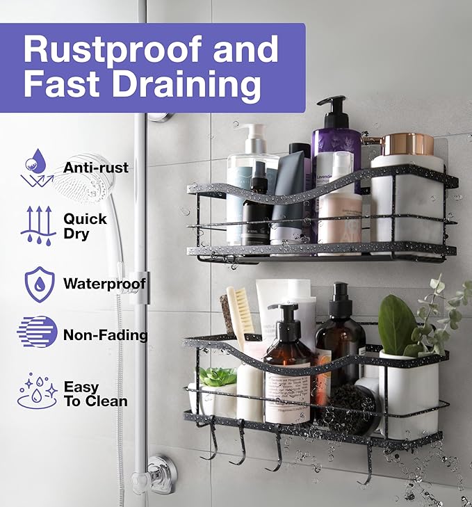 KINCMAX Premium Shower Caddy, Self Adhesive Shower Organizer w/ 4 Hooks, No Drill Shelves for Inside Shower, Rustproof Stainless Steel Shower Rack for Bathroom, Matte Black