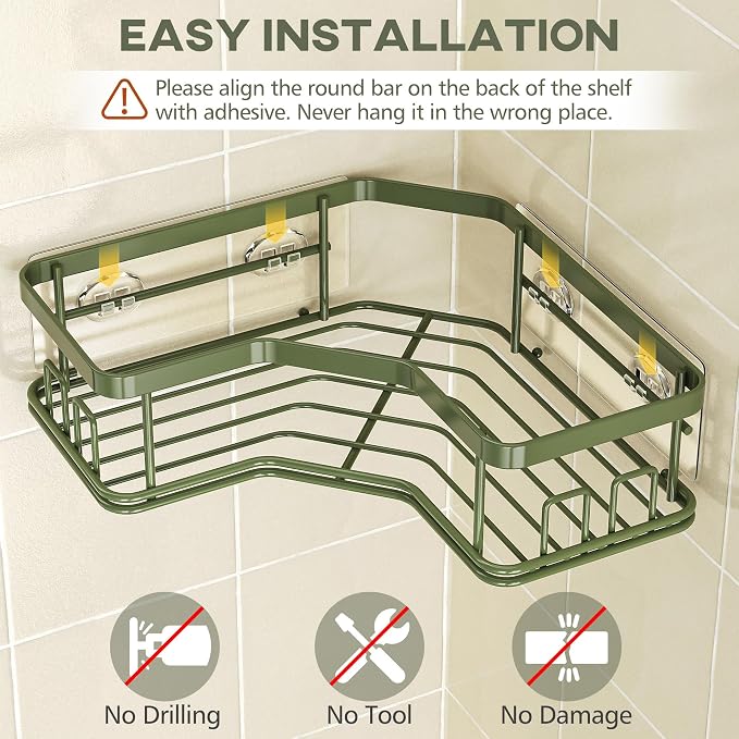 MAXIFFE 3 Pack X-Large Corner Shower Caddy with Soap Holder, Large Capacity Sturdy Easy Install No Drilling Stainless Steel Hold 40 LB Shower Organizer Shelves Rack for Family Renters Bathroom, Green