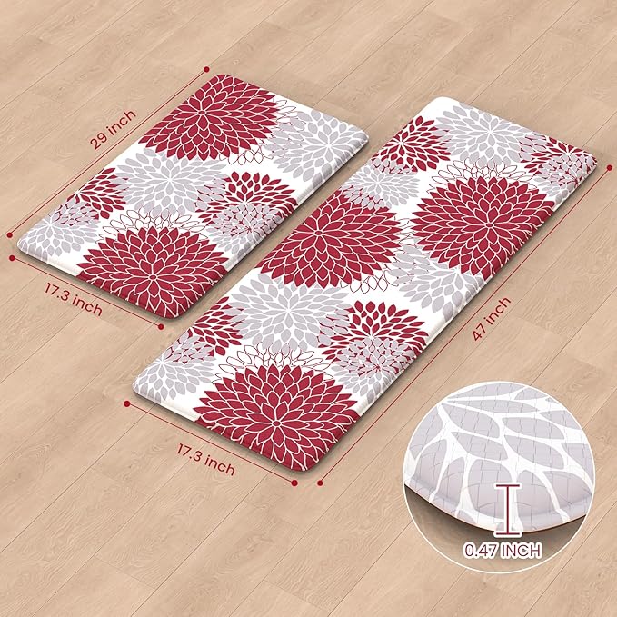 Anti Fatigue Kitchen Mats for Floor 2PCS,17"x47"+17"x29" Farmhouse Dahlia Kitchen Rugs Non Slip Rubber Backing,Waterproof Cushioned Standing Mat for Office,Laundry,Sink,Desk,Red