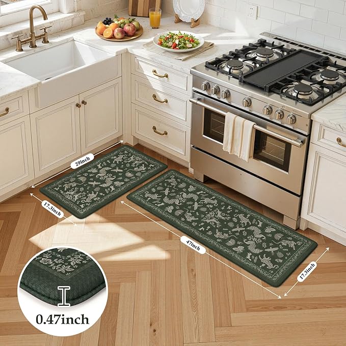 LEEVAN Anti Fatigue Mats for Kitchen Floor Non-Slip, Cushioned Kitchen Mats for Floor 2 Piece, Dark Green Memory Foam Kitchen Mat Set, Waterproof Ergonomic Standing Mat for Bar, Office,Desk, Laundry