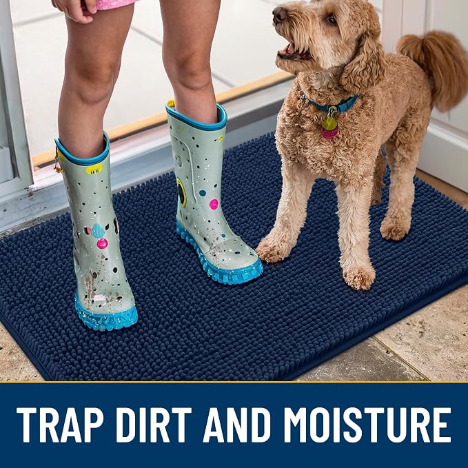 Smiry Dog Door Mat for Muddy Paws 54x24, Absorbent Dirt Trapper, Non-Slip Washable Chenille Entryway Rug for Inside Floor, Dark Blue, Classic Solid