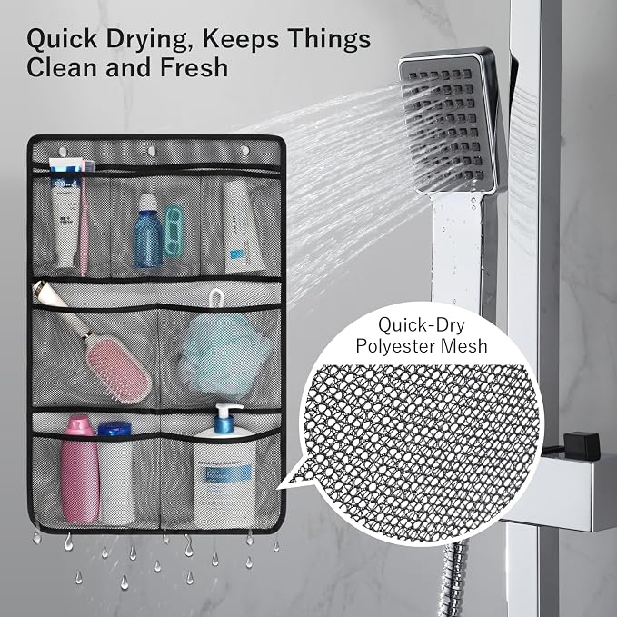 F-color Cruise Essentials 2026 - Mesh Shower Organizer Hanging with 7 Pockets for RV Gym Camping, Quick-Dry Portable Toiletry Bag with Metal Hooks for Bathroom Travel Toiletries, Black