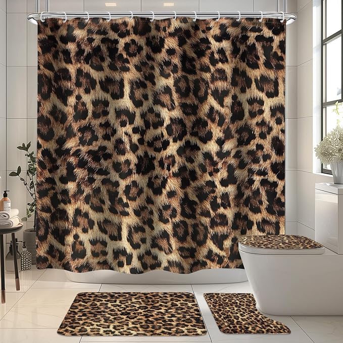 4 PCS Leopard Print Shower Curtain Set 72Wx72H,Toilet Lid Cover,Non-Slip Rugs and U-Shaped Mat,Wild Safari Cheetah Bathroom Sets with Rugs Shower Accessories 12 Hooks for Bathroom Decor