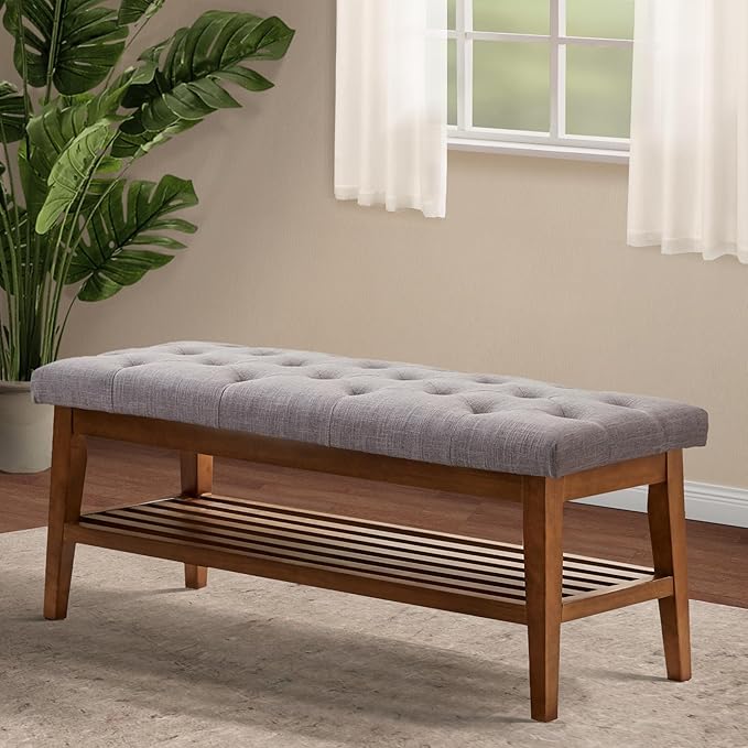 HUIMO Entryway Shoe Bench, End of Bed Bench,Upholstered Button-Tufted Bench for Kitchen, Fabric Ottoman Bench for Living Room, Padded Bench with Solid Wood Shelf,Grey