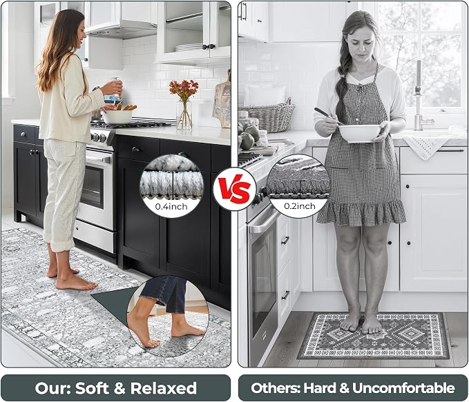 GRANNY SAYS Boho Kitchen Rug Sets of 2, Non Slip Washable Faux Wool Kitchen Mats for Floor, Thick Soft Anti-Fatigue Comfort Standing Mat Runner Rugs for Hallway Laundry Room, Grey