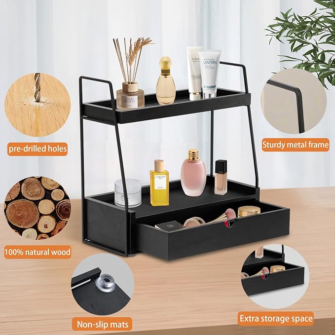 2-Tier Bathroom Organizer Countertop with Drawer, Wood Counter Organizer for Bathroom Decor, Sink Shelf for Vanity Storage, Makeup Tray for Perfume Skincare, Spice Rack Bedroom Kitchen Corner