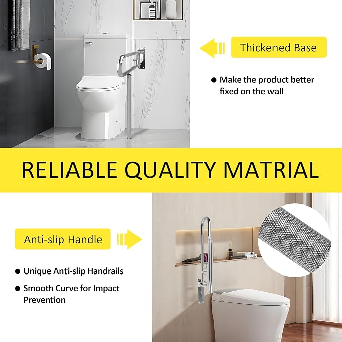 Handicap Grab Bar,23.6 Inch Stainless Steel 1.25" Diameter Toilet Safety Rails for Bathroom with Paper Holder, Anti-Slip Flip-Up Support Rail for Seniors Elderly