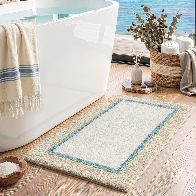 DEXI Bathroom Rugs 32x20, Absorbent Extra Soft Plush Microfiber Bath Mat for Bathroom, Non Slip Washable Bathmat Quick Dry for Shower Floor, Sink, Tub, Laundry Room, Beige and White