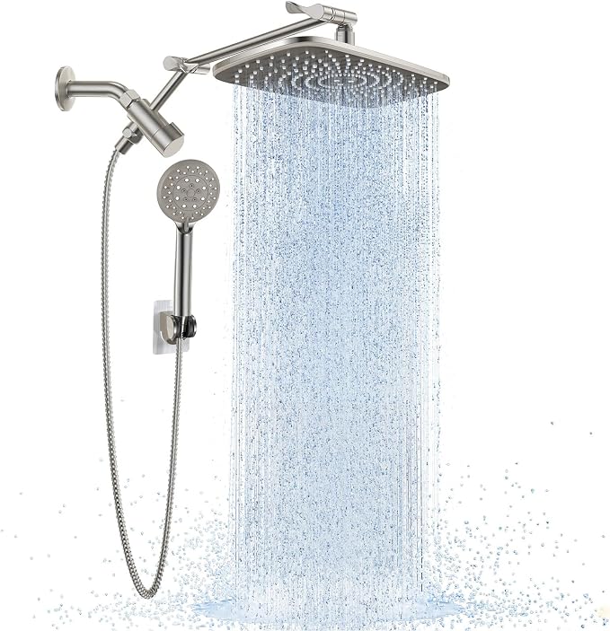 Veken 11.8" Brushed Nickel Rain Shower Head with Handheld, High Pressure Handheld Shower Heads with Multi Spray Modes,Rainfall Combo with 15" Metal Extension Arm,Detachable Dual Shower,Regaderas Para